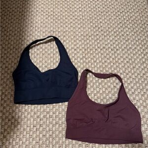 Two women’s halter sports bras